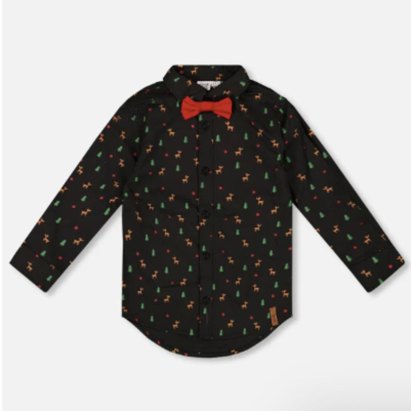 Printed Black Poplin Shirt, Bow Tie and Stretch Twill Pants