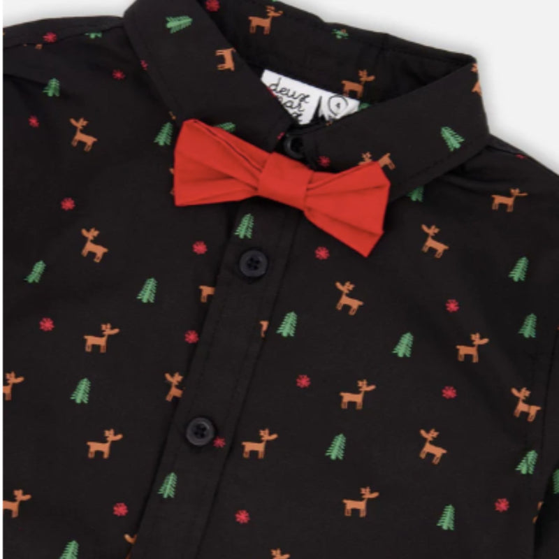 Printed Black Poplin Shirt, Bow Tie and Stretch Twill Pants