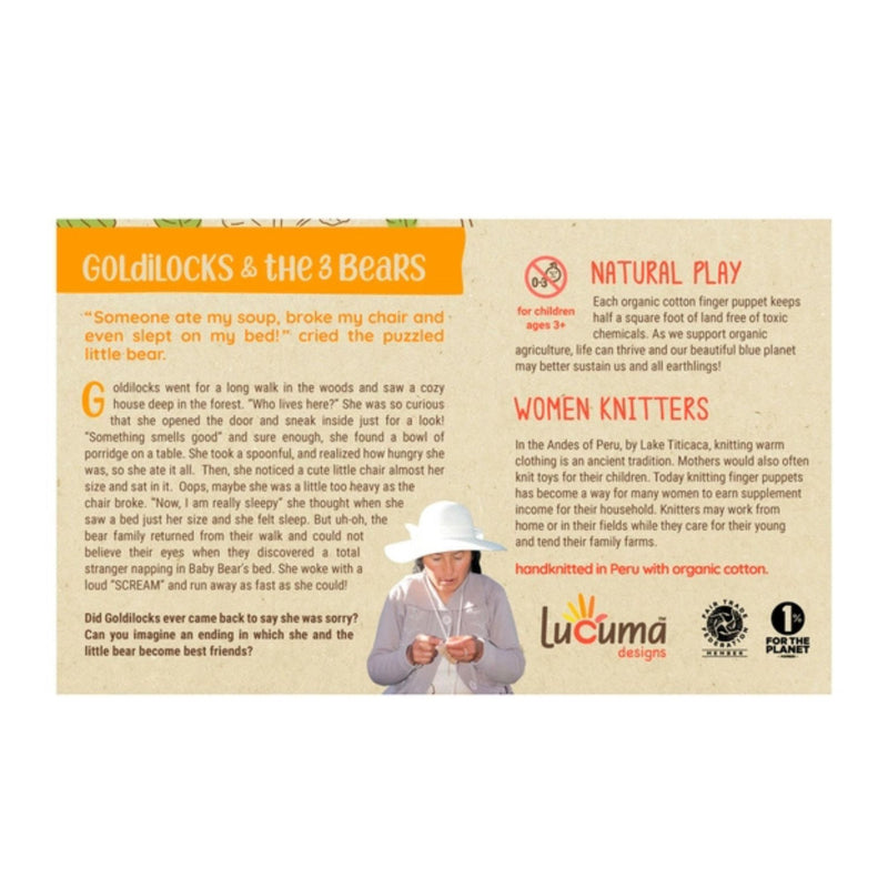 Organic Cotton Finger Puppets Story Pack - Goldilocks + The Three Bears