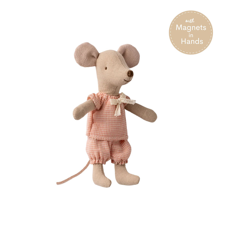 Little Sister Mouse in Box, Pink Checker PJ with Magnet Hands