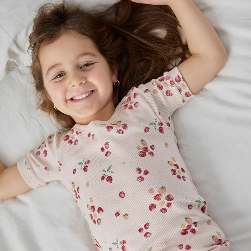 Strawberry on Soft Pink Ribbed, Short Sleeves PJ Set