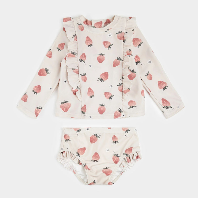Strawberry Print on Crème Long-Sleeve Rashguard Set