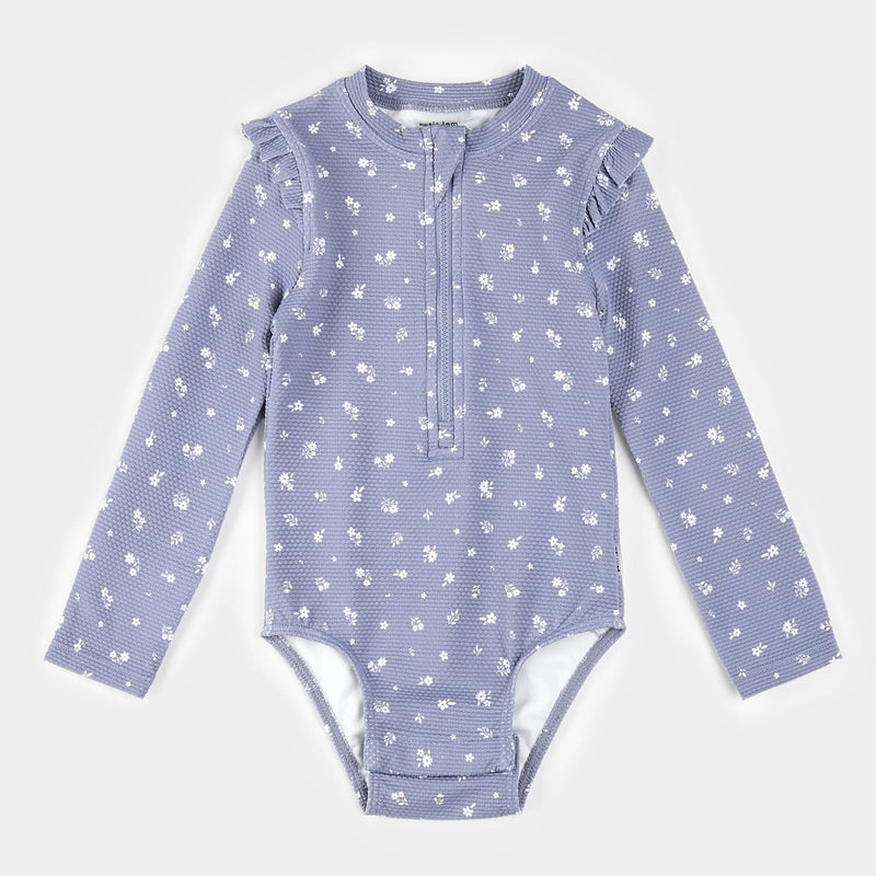Wildflower Print on Steel Blue Long-Sleeve One-Piece Swimsuit