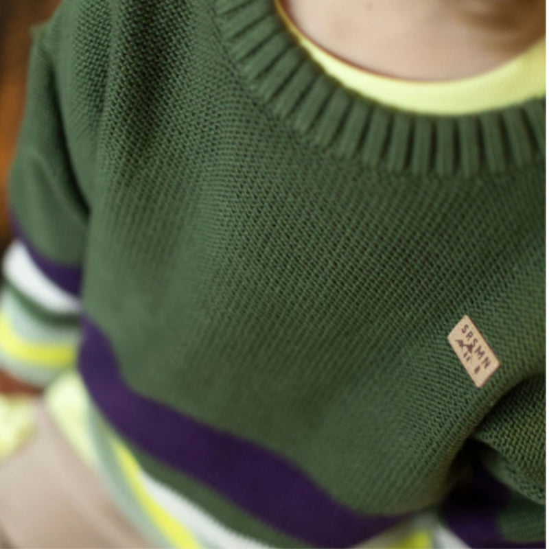 Green Knit Sweater with Duck Jacquard Pattern