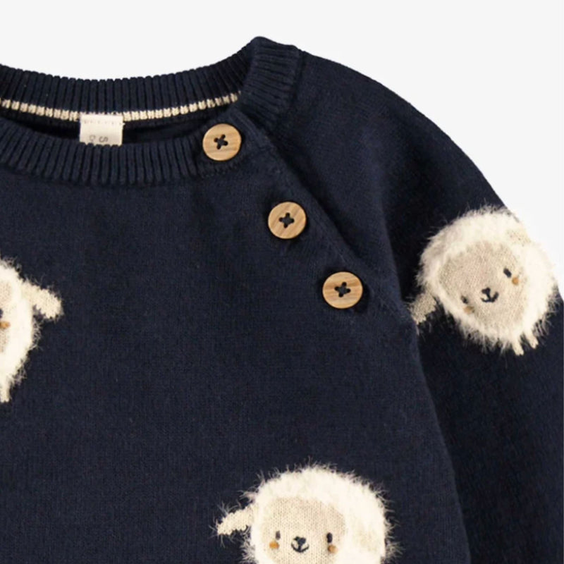 Navy Blue Knit One-Piece with Sheep Patterns