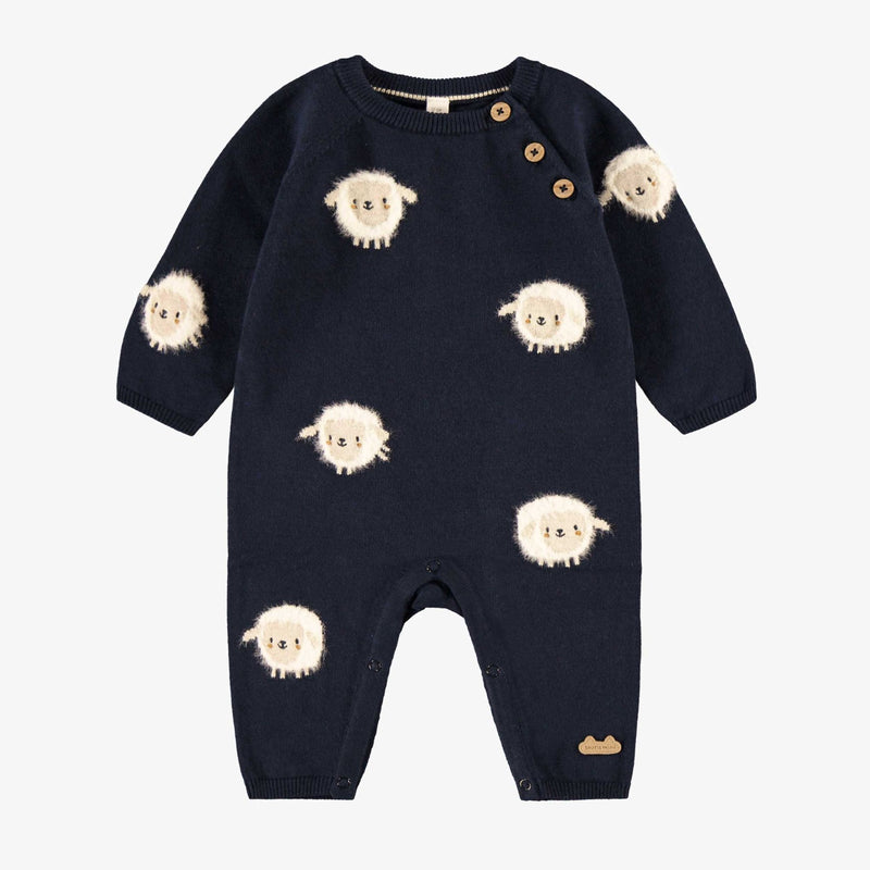 Navy Blue Knit One-Piece with Sheep Patterns