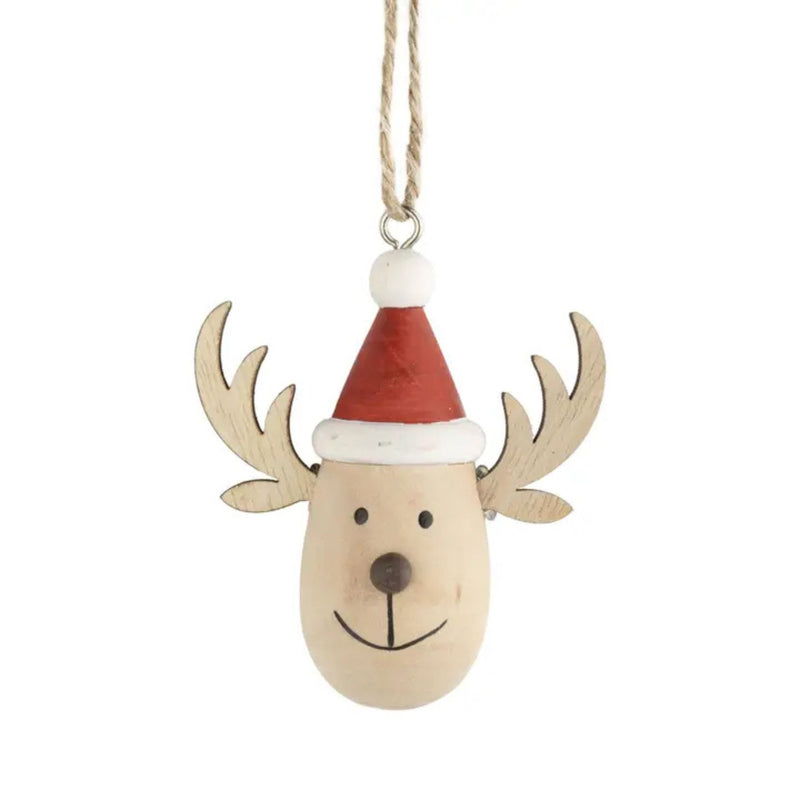 Wooden Reindeer with Painted Red Hat Ornament